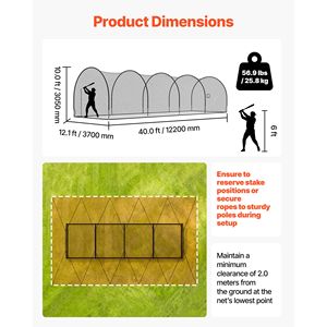 กรงซ้อมตีเบสบอลแบบพกพาขนาด 40x12x10 ฟุต ทำจากโพลีเอสเตอร์ 4 ชั้นไร้ปม - Product Image 2