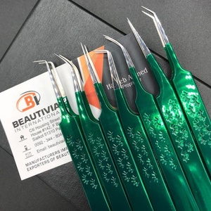 Pinzas de extensión de pestañas de acero inoxidable sostenibles recubiertas de papel verde con mango de impresión de logotipo personalizado con punta puntiaguda - Product Image 4