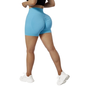 Shorts de yoga sans couture taille haute bleu ciel pour femme, anti-transparence, effet froncé, pour la gym - Product Image 3