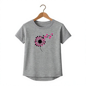 T-shirt gris à col rond pour femme avec imprimé floral pissenlit rose, coupe classique, manches courtes, décontracté, printemps-été, jersey en coton - Product Image 1