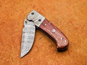 Damascus Steel <b>Folding</b> <b>Utility</b> <b>Knife</b> Rosewood Handle Vertical Carry Sheath Pocket EDC Hunting Camping Drop Point Support OeM - Product Image 5