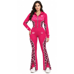 Ensemble de survêtement sportif pour femme, imprimé léopard rose, à capuche, manches longues, fermeture éclair, pour le printemps - Product Image 2