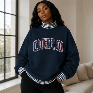 Custom College Game Day <b>Jumper</b> Orange Gingham Trim Mock Neck Pullover Sweatshirt Heavyweight <b>Fleece</b> Arched OHIO Varsity Letter - Product Image 5