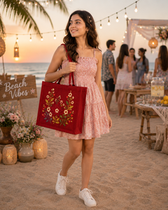 Bolsa de Mano Abierta de Yute Roja de Lujo con Bordado Floral para Mujer, Hecha a Mano, Ecológica, para Regalo - Product Image 4