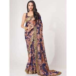 Lovely <b>Purple</b> Floral Print Organza Party Wear <b>Saree</b> With Blouse - Product Image 2