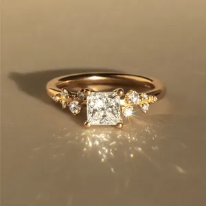 Solid Gold Princess Cut Engagement Ring With Cluster, Diamond Solitaire Ring <b>Unique</b> Delicate Bridal Elegant Jewelry <b>Gift</b> <b>for</b> <b>Her</b> - Product Image 2