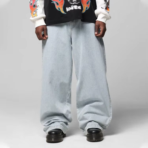 กางเกงยีนส์เดนิมสีฟ้าอ่อนลายทางสไตล์วินเทจทรงสตรีทสไตล์สำหรับผู้ชาย ขากว้างทรงแบ็กกี้ - Product Image 1