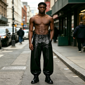 Men's High Waist PU Coated <b>Harem</b> Pants With Side Pockets Street Style Black Polyester <b>Trousers</b> Autumn Wear - Product Image 2