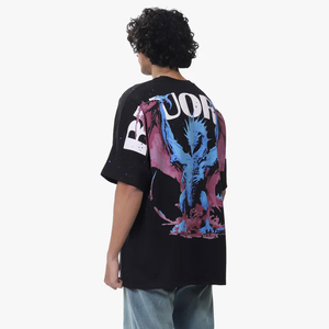 เสื้อยืดคอกลมแขนสั้นสีดำขนาดใหญ่พิเศษสำหรับผู้ชาย พิมพ์ลายตัวอักษรด้านหน้า เสื้อผ้าฝ้ายเจอร์ซีย์ลำลอง - Product Image 4