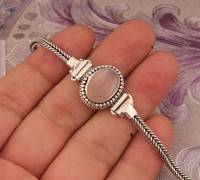 Bracelet à breloques ovales en quartz rose, argent sterling 925, fait main, cristal rose naturel, luxe, certifié GIA, plaqué platine, mariage