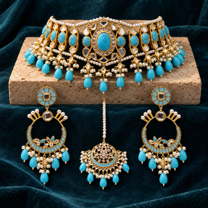 Venta al por mayor de conjunto de gargantilla nupcial, pendientes de aro y tikka con cuentas de turquesa chapadas en oro, a granel - Product Image 3