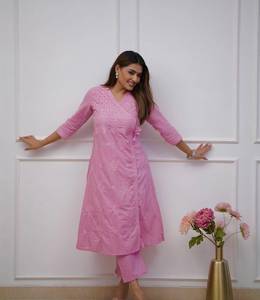 Women's Pink Cotton <b>Chikankari</b> Embroidery A-Line Kurti with Pant Regular Fit Knee Length Casual Wear <b>Suit</b> Set - Product Image 2