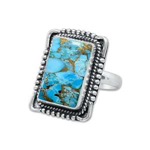Bague en argent massif 925 fait main, incrustation de turquoise naturelle en cuivre de formes variées, sertie dans un cadre, estampillée à la main - Product Image 3
