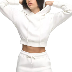 Haut court à manches longues en coton éponge personnalisé de haute qualité avec logo, sweat à capuche streetwear d'hiver pour femme avec motif imprimé sur le devant, décontracté - Product Image 1
