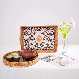 Handwoven Rattan Serving Tray with Printed Base Rectangular Wicker with Handles Stylish Breakfast Tea <b>Coffee</b> <b>Table</b> - Product Image 5