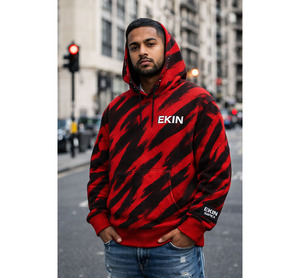 Sweat-shirt à capuche en polaire pour homme EKIN, motif rayé tigre rouge et noir, coupe oversize, streetwear, logo imprimé, poche, coupe classique, vêtement d'automne - Product Image 3