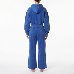 Conjunto de sudadera corta de algodón con forro polar y pantalones jogger de pierna ancha para mujer, sudadera de manga larga con hombros caídos y lavado ácido, ropa casual de dos piezas - Product Image 3