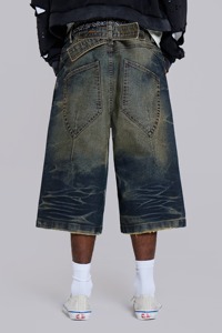 CONX Short en jean déchiré 100 % coton pour homme, taille mi-haute, entrejambe bas, style streetwear, idéal pour l'été - Product Image 3