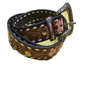 Ceinture en cuir pour homme, style western, gravée de motifs floraux, avec boucle plaquée argent de designer, prix de gros, best-seller - Product Image 4