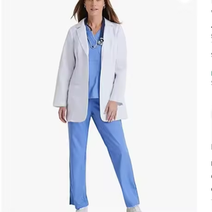 Bata de laboratorio blanca tejida para mujer con 3 bolsillos y cierre a presión, uniforme de hospital, bata de médico, conjunto de pantalones azules tipo scrubs - Product Image 1