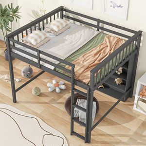 Letto a soppalco grigio a grandezza naturale con 8 ripiani aperti e scaletta integrata per bambini - Product Image 2