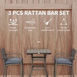 Set da 3 Pezzi per Esterni: Tavolo Effetto Legno e 2 Sgabelli in Rattan Intrecciato, Resistente alle Intemperie, Grigio, per Veranda o Giardino - Product Image 4