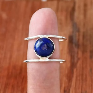 925 Sterling Silver Natural <b>Lapis</b> <b>Lazuli</b> Round Gemstone Double Band Statement <b>Ring</b> Wedding Jewelry Gift for Women - Product Image 2