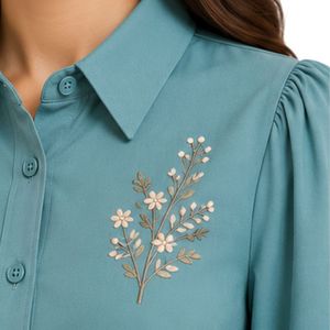Conjunto de Blusa Bordada y Falda Maxi para Mujer en Verde Mar y Beige, Manga Larga, Cierre de Botones, Cintura Alta, con Cinturón, Estilo Modesto, OEM - Product Image 5
