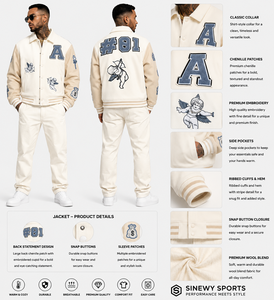 Veste universitaire pour homme SINEWY SPORTS, mélange de laine crème, style preppy, fermeture à boutons pression, patchs brodés, coupe classique, vêtement d'automne - Product Image 1