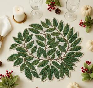<b>Round</b> Fabric Christmas Table Mat Handmade Leaf Design 450mm Decorative <b>Placemat</b> - Product Image 1