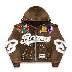 <b>Purple</b> Hooded <b>Varsity</b> <b>Jacket</b> With Cartoon Patch Designs And Zipper Closure Streetwear Style Rhinestone Pullover Hoodie <b>Jacket</b> - Product Image 3