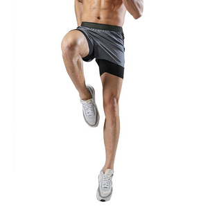 Shorts de sport pour homme à séchage rapide, écologiques, unis, avec taille élastique, mi-longs, gris, noir, polyester, coton - Product Image 3