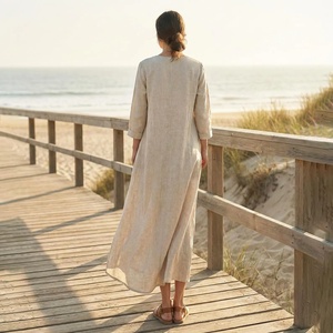 Bell Sleeve V-neck High-Waist A-Line Soft Cotton <b>Dress</b> with Functional Pockets <b>Loose</b> Casual Summer Beach Vacation Plus Size - Product Image 2