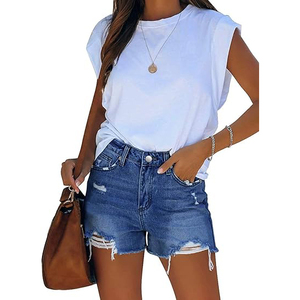 Hem Denim Shorts With Ripped <b>Thighs</b> Button Fly Mid Rise Vintage Wash Distressed Denim Shorts Women For Summer - Product Image 5