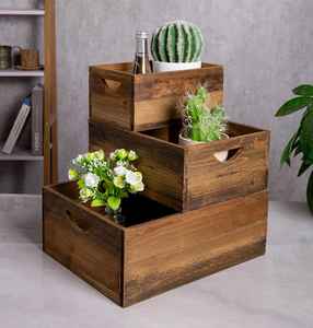 Set of Wooden Storage <b>Crates</b> with Cutout Handles Natural Finish Durable Interlocking Joints Rectangular Organizer for Home Decor - Product Image 4