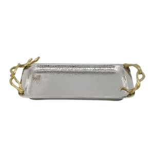 Luxury Silver Hammered Metal Serving Tray with Brass <b>Twig</b> Handles Rectangular <b>Decorative</b> Coffee Table Ottoman Platter - Product Image 1