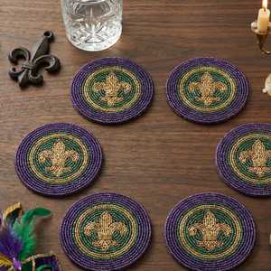 Ensemble de 6/8/10/12 sous-verres faits à la main en perles violettes, vertes et dorées Fleur de Lis, sous-verres pour boissons Mardi Gras, sous-verres de luxe de la Nouvelle-Orléans - Product Image 4