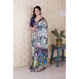 Sari de Seda Tussar Azul Elite Weaves con Estampado Kalamkari de Figuras Audaces y Borde Tejido con Zari para Fiestas y Festivales - Product Image 3