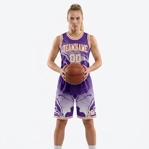 Maillot de basket-ball personnalisé sublimé pour hommes, sans manches, col rond, violet, blanc, orange, impression du nom de l'équipe, coupe athlétique, vêtements pour toutes les saisons - Product Image 2