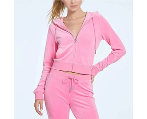 Autumn Unisex 2-Piece Velour Hooded Solid Tracksuit Set Heavyweight Breathable Windproof Pink Crop Top Jogging Pants <b>Leisurewear</b> - Product Image 2