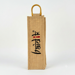 Bolsas de Vino Personalizadas con Logotipo y Diseño para una Sola Botella, 15x14cm, Laminadas, de Yute con Ventana de PVC, Patrón de Letras, Asa de Caña, Alta Calidad - Product Image 1