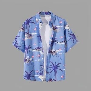 Men's Cotton Woven Hawaiian Print Short Sleeve for Shirt Loose Fit Turn-<b>Down</b> Collar Button Front Summer Casual Wear 5XL - Product Image 2