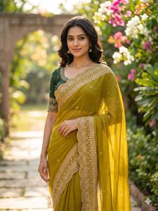 AARA Fashion Green Embroidered Silk Saree <b>Blouse</b> for Women Wedding Traditional Floor Length Regular Fit Sun Protection India - Product Image 2