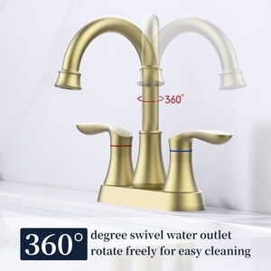 Rubinetto per lavabo a 2 maniglie color oro spazzolato con beccuccio girevole ad arco alto a 360°, interasse 4 pollici, con scarico a scomparsa e tubi di alimentazione - Product Image 3