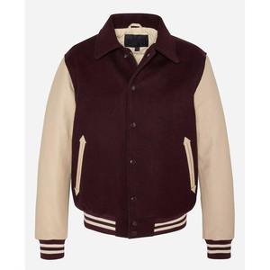 Veste universitaire unisexe bordeaux avec manches beiges, fermeture boutonnée, col rabattu, style décontracté, vêtement d'automne, tissu en laine respirant - Product Image 1