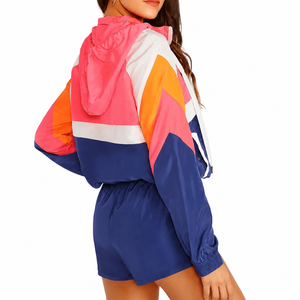 Ensemble de survêtement à capuche color block pour femme, manches longues, tenue sportive deux pièces avec short, respirant, en polyester, pour le printemps et l'été - Product Image 3
