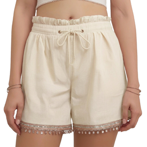 Shorts en lin écologiques pour femmes, respirants, à séchage rapide, décontractés, tissés, unis, taille haute, avec franges, vêtements d'été durables - Product Image 1