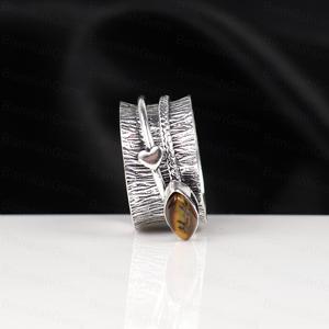 Vintage 925 Sterling <b>Silver</b> Plated Tigers Eye Spinner for Anxiety Relief Boho Marquise Cut Tiger Eye Meditation Handmade <b>Ring</b> - Product Image 2