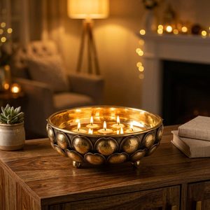 Antique Brass Lotus Silhouette Kamal Urli Handmade 13 cm Brass <b>Candle</b> Lantern Multi <b>Wick</b> for Home Decor Hotel Wedding Table Gift - Product Image 2