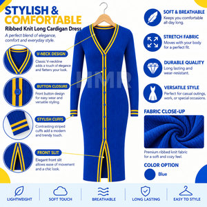 Vestido largo maxi ajustado de punto azul con cuello en V y botones delanteros de HMR Sorority Sisterhood, con ribete amarillo y abertura frontal. - Product Image 6